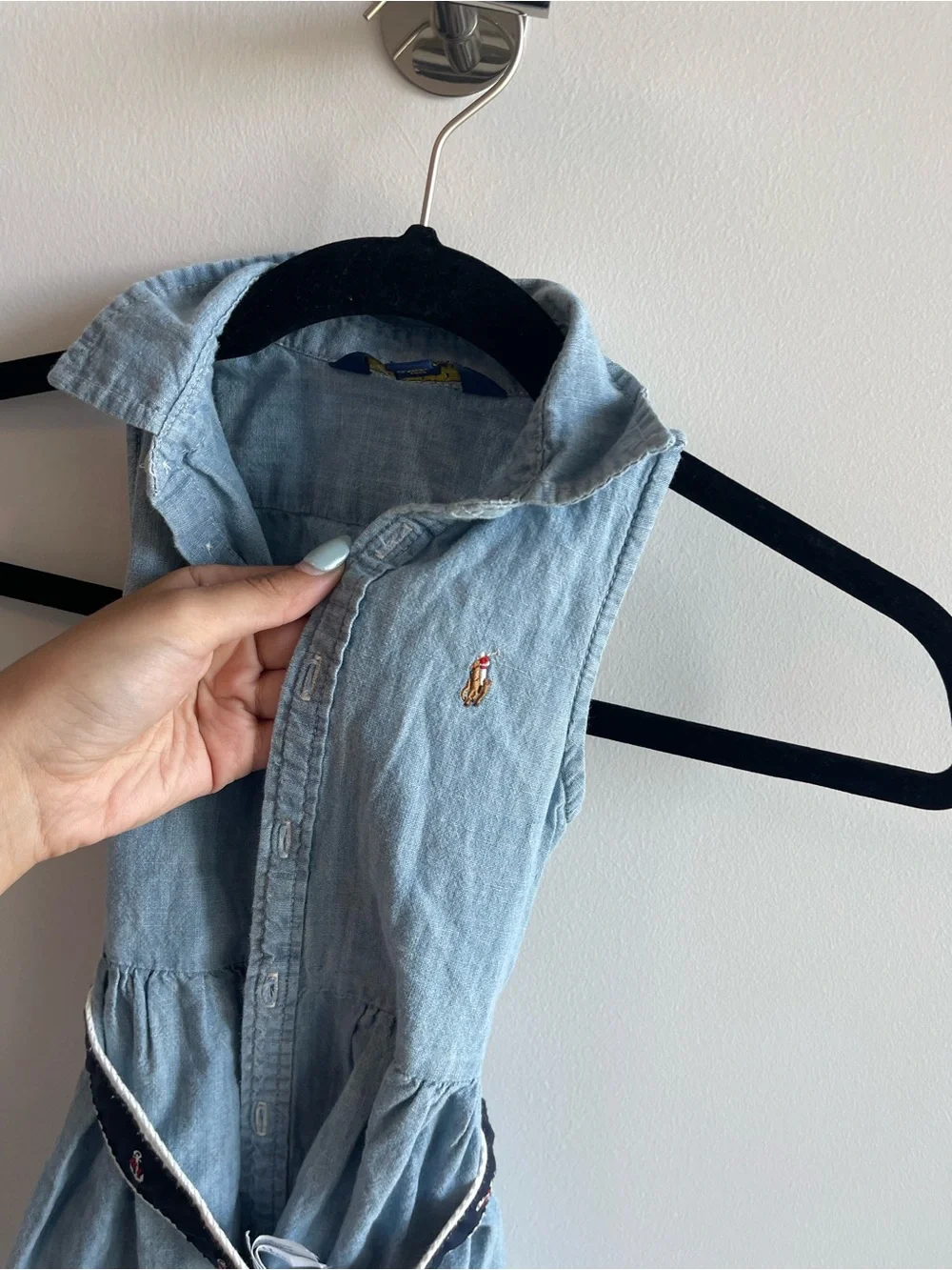 Polo Ralph Lauren Nautical Light Blue Denim Sleeveless Shirt Dress Navy Belt